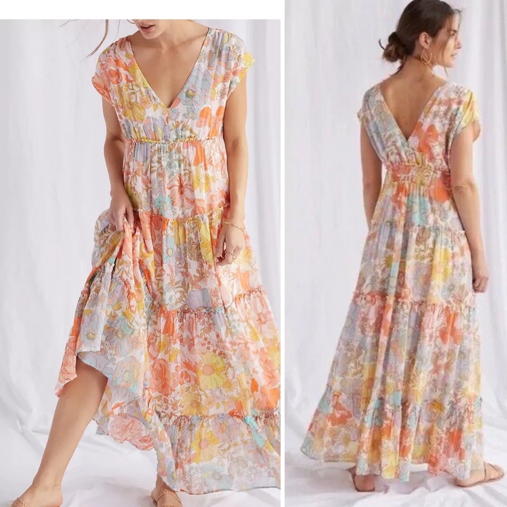 RARE ANTHROPOLOGIE Ethereal Floral Tiered Maxi Dress.
